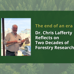 Dr Chris Lafferty retires from his Head ofRD&E role after 23 years. Pictured here holding an axe.